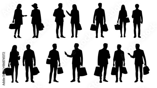 A collection of diverse male and female shoppers with bags, presented as black silhouettes