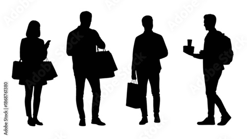 Diverse silhouettes of people engaged in shopping and urban activities on white background