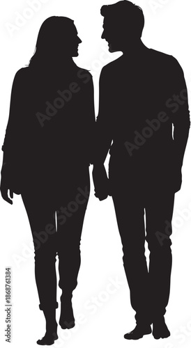 Black silhouette vector of couple walking hand in hand, symbolizing love, companionship, and emotional connection