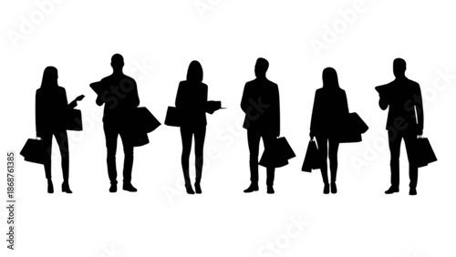 Diverse group of shoppers and business people silhouettes with bags and documents