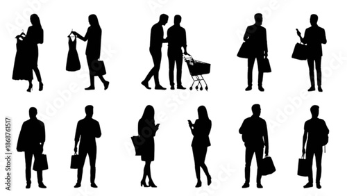 Diverse shoppers silhouettes collection: people enjoying retail therapy and carrying bags