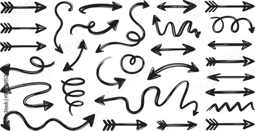Black and white arrows and curved lines in various directions on a white background