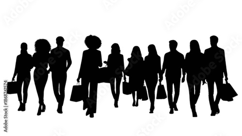 Diverse group of shoppers with bags walking together, representing consumerism and urban lifestyle