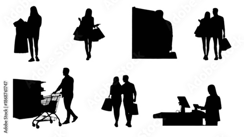 Silhouettes of diverse shoppers engaged in various retail activities and transactions
