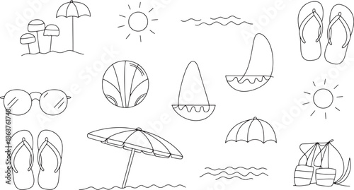 Black and white line of beach and summer including flip flops, sunglasses, umbrella, and sun line beach