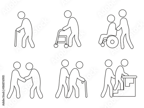Elderly Care Illustrations: A set of simple yet powerful illustrations portraying the essence of care and support for the elderly, symbolizing compassion, assistance, and dignity in their daily lives.