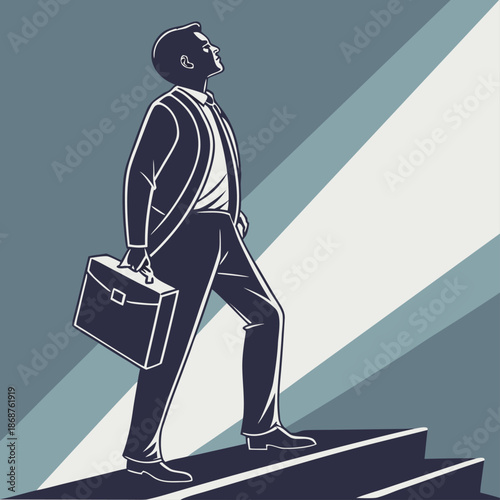 A businessman ascends stairs symbolizing progress and ambition in a modern style