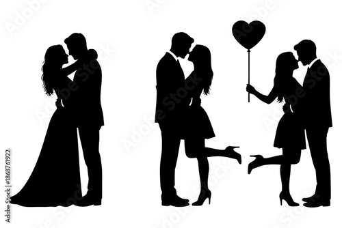 Romantic couple silhouette set with wedding bride groom and heart balloon
