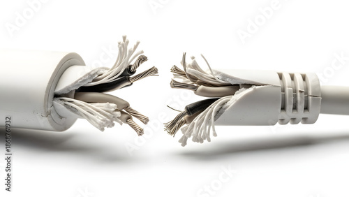 Damaged white electrical cable with exposed wires separated