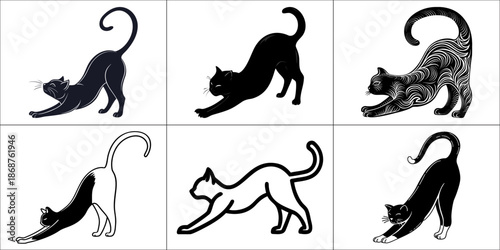 Stylized black and white cat silhouettes in various stretching poses