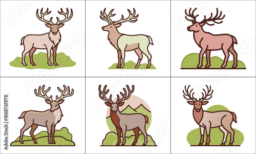 Illustrations of majestic stags with varied antler shapes and color palettes