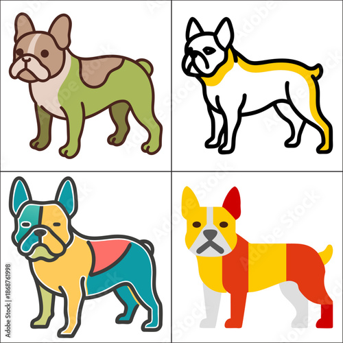 Four colorful french bulldog illustrations in a grid arrangement