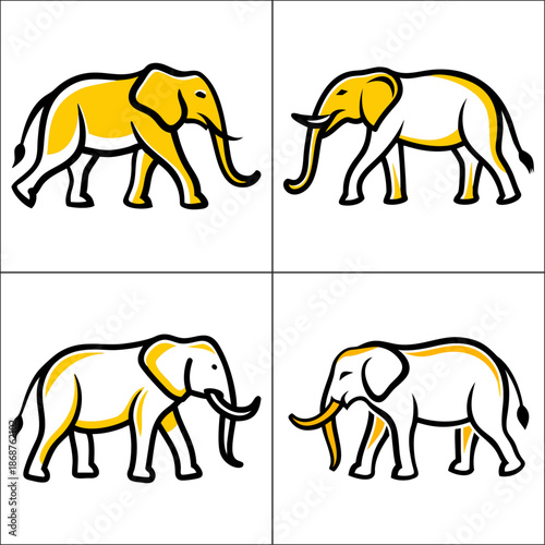 Four stylized elephants in a grid showcasing different poses and colors