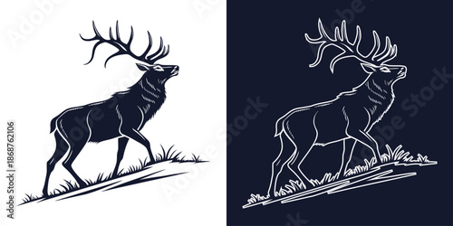Elegant stag illustration in contrasting black and white line art styles