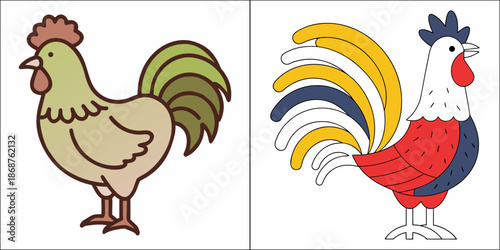 Two colorful rooster illustrations depicting different styles and designs