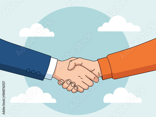 Handshake between two people in front of blue circle with clouds