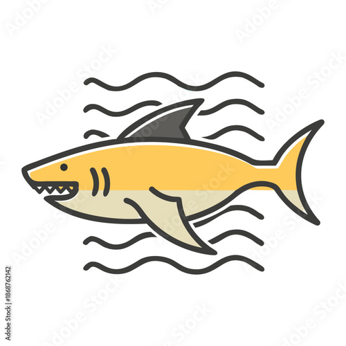 A simple line drawing depicts a yellow shark swimming in blue waves