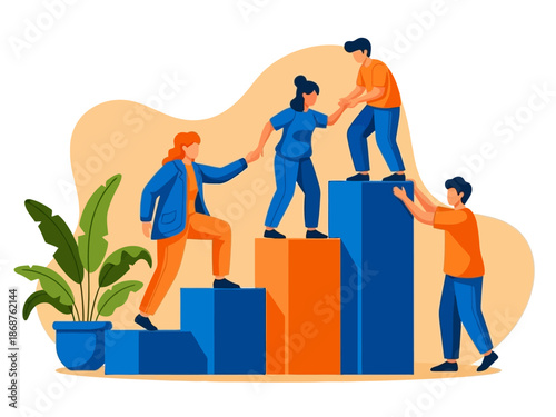 A colorful illustration of four people helping each other climb up bars