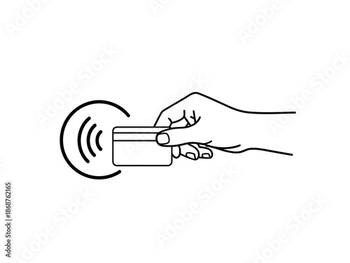 A hand holding a credit card with a wireless payment symbol
