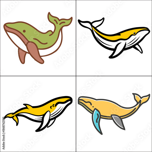 Four colorful cartoon whales depicted in a simple graphic style arrangement
