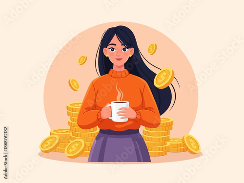 A cartoon woman holding a steaming mug of coffee with gold coins floating around her on a peach background