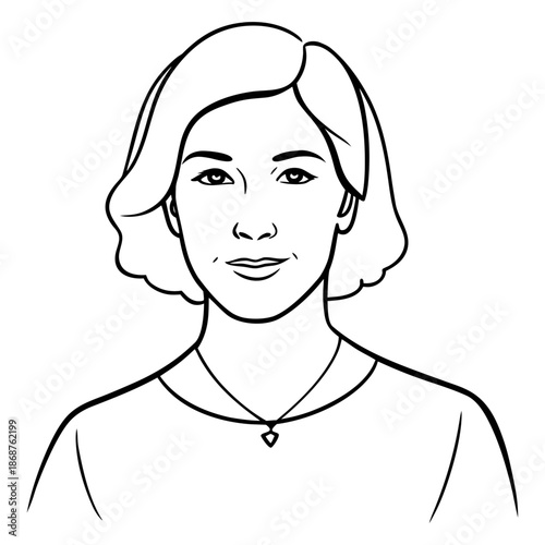 Simple line drawing of a woman with short wavy hair and a necklace