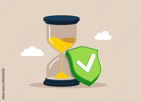 Hourglass with green shield check mark. Project deadline, running of  timely time or time management. Analysis optimization, monitoring, task management, work planning, productivity. Flat vector illus