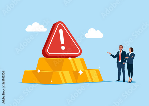 Stack of gold bar bullion with exclamation attention sign. Gold investment, safe haven in financial crisis or wealth management and asset allocation. Flat vector illustration