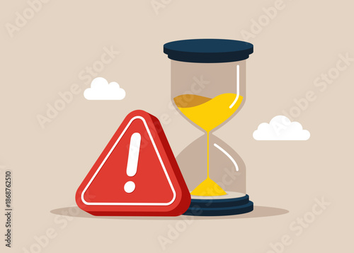 Hourglass with exclamation attention sign. Project deadline, running out of time or time management. Large error. Flat vector illustration