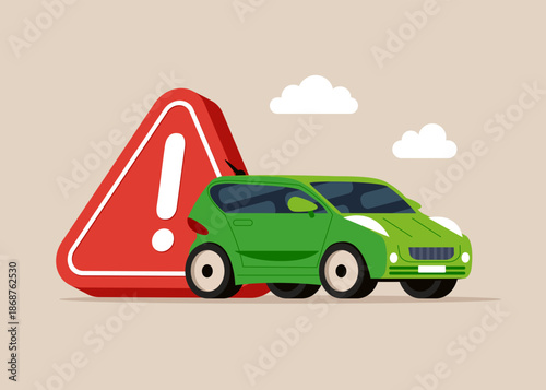 Broken SUV car next to a exclamation attention sign. Safety driving rules. Keep your vehicle fit to prevent frequent breakdowns. Poor quality car. Flat vector illustration