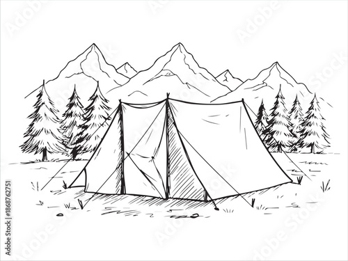 Mountain Camping Scene with Tents and Forest