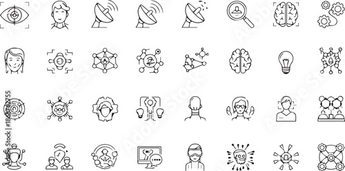 Advanced Biometric Recognition and Cyber Intelligence Icon Set Featuring Face ID Satellite and Neural Network Symbols