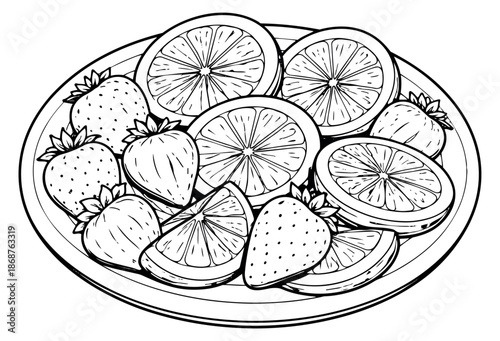 Hand drawn line art fruit set featuring strawberries and citrus slices on a plate for healthy eating and recipes