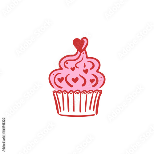 Cupcake with heart shaped decoration and pink frosting. Cute hand drawn simple dessert. Vector illustration for Valentine's Day, greeting card, invitation, poster, banner