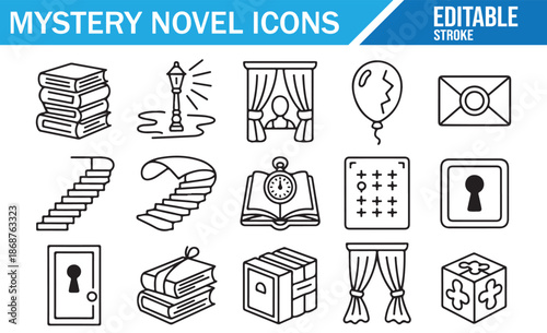 Vector Line Icons for Mystery Novels, Crime Stories, and Detective Puzzles.