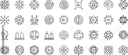 Future Technology Icons Featuring AI Robot Head, Circuitry, and Digital Intelligence Symbols