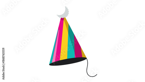 A colorful party hat with a white pom-pom on a white background