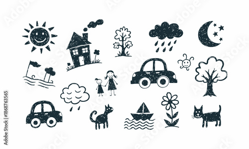 Large collection of hand drawn black ink doodles for children featuring sun house car cat tree and family symbols