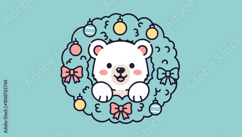 A cute cartoon polar bear surrounded by a festive Christmas wreath with ornaments and bows on a light blue background
