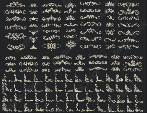 Large vector collection of classic ornamental design elements, featuring decorative flourishes, elegant scrollwork, ornate borders, and stylish dividers