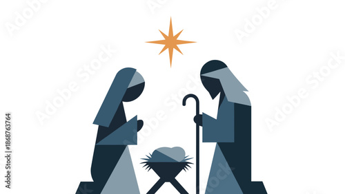 A serene illustration of the nativity scene with Mary, Joseph, and baby Jesus in a simple, modern style.