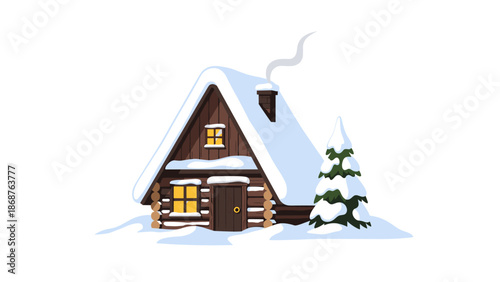 A cozy log cabin in a snowy landscape with a pine tree