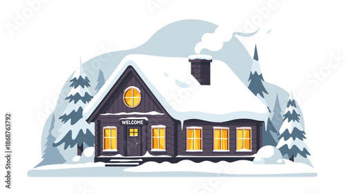 A cozy cabin in a snowy forest with a warm welcome sign and smoke rising from the chimney
