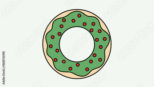 A cartoon illustration of a green frosted donut with red sprinkles on a white background