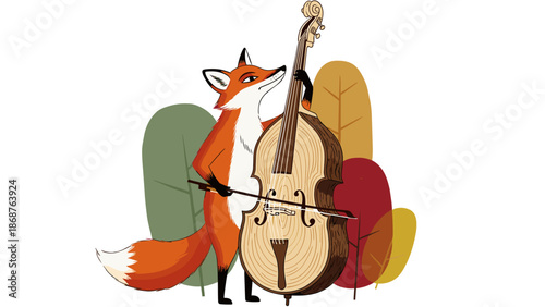 A cartoon fox plays a cello in a whimsical forest setting with colorful leaves.