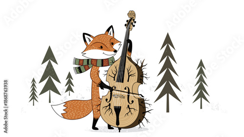 A cartoon fox playing a cello in a snowy forest with pine trees
