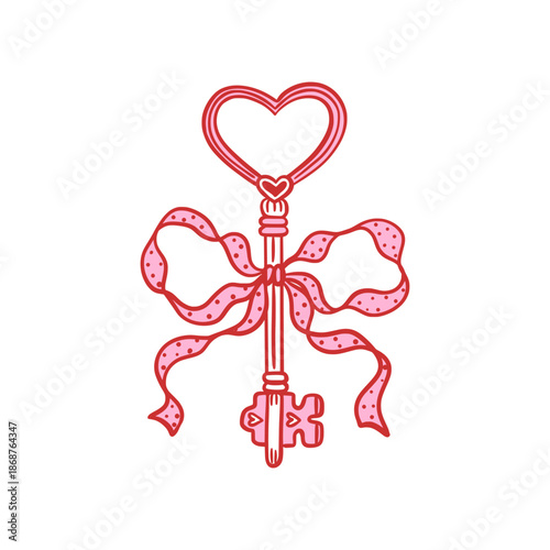 Heart shaped key with polka dot pink ribbon bow. Hand drawn vector illustration with red outline. Love, romance, and Valentine's Day concept. Romantic design for greeting card, invitation, poster.