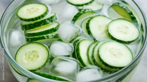 Refreshing Cucumber Infused Water with Ice Cubes Swirling in a Clear Glass Bowl for Healthy