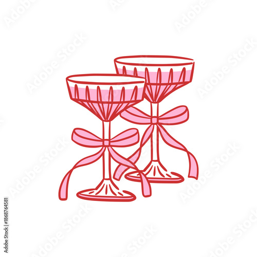 Vector illustration of two elegant champagne glasses with ribbon bows, ideal for romantic celebration, wedding, or Valentine's Day. Hand-drawn cocktail saucers for greeting card, invitation, poster