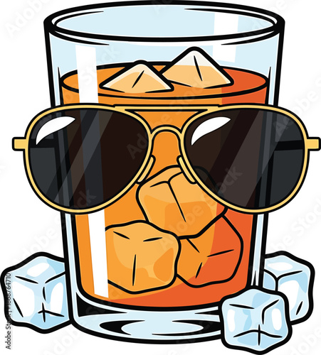 Funny Cool Whiskey Glass Character Clipart With Sunglasses And Ice Cubes For Bar Branding Stickers And Playful Lifestyle Design